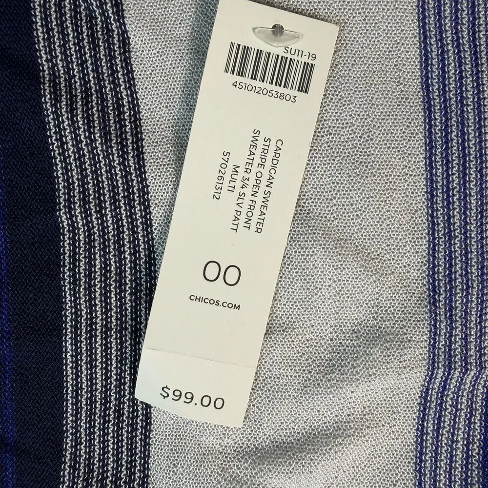 Chico’s $99‎ CARDIGAN SWEATER STRIPE OPEN FRONT 3/4 SLEEVE NWT Size 00 (XS)